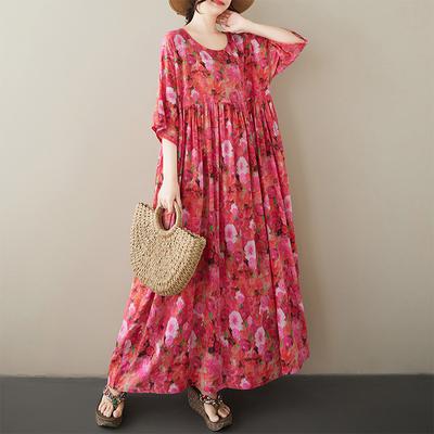 DIMANAF Plus Size New 2025 Women Beach Summer Dress Basic Casual Fashion Loose Vintage Floral Long Dress