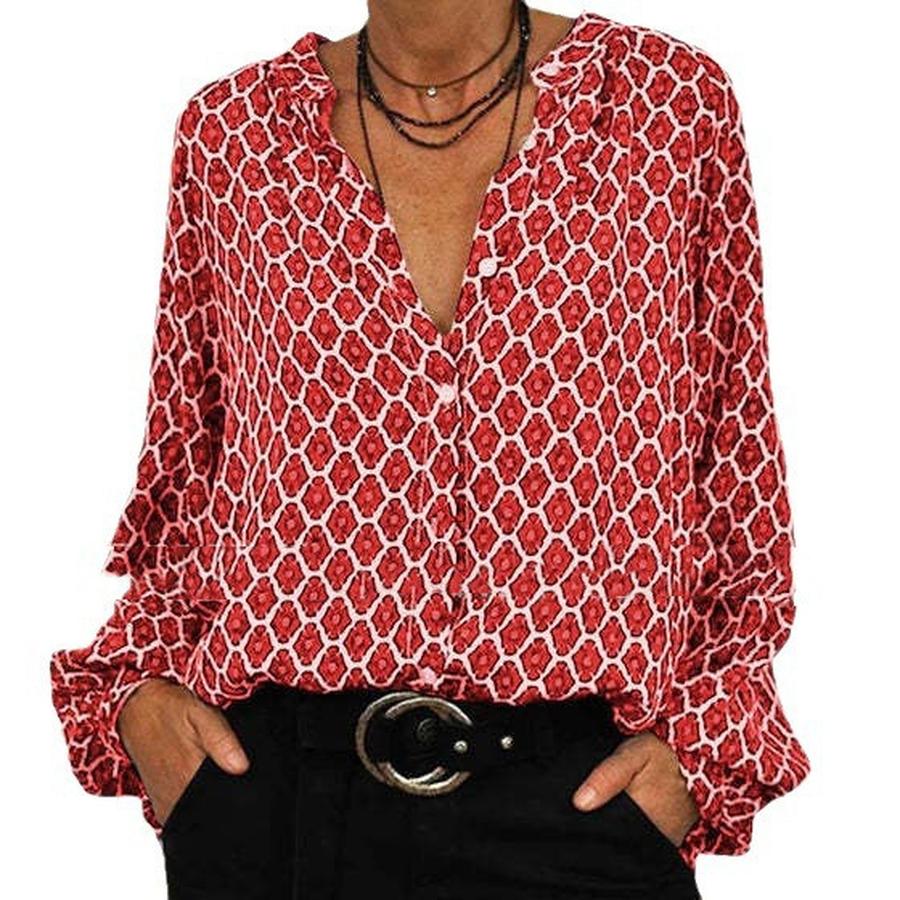 New Women's Spring Season V-Neck Long Sleeve Printed Fashion Elegant T-Shirt Blouse