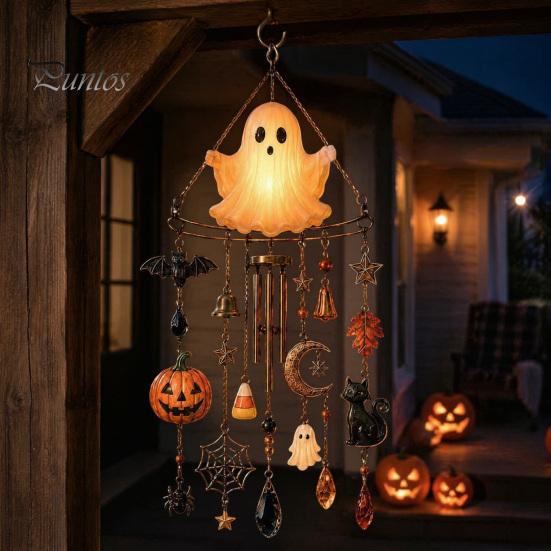 Luminous Wind Chime Halloween Ghost Chime, Glow-in-The-Dark Hanging Ornament with Pumpkin Bat Spooky Patio Decorations Spider Charms, Rustproof Metal