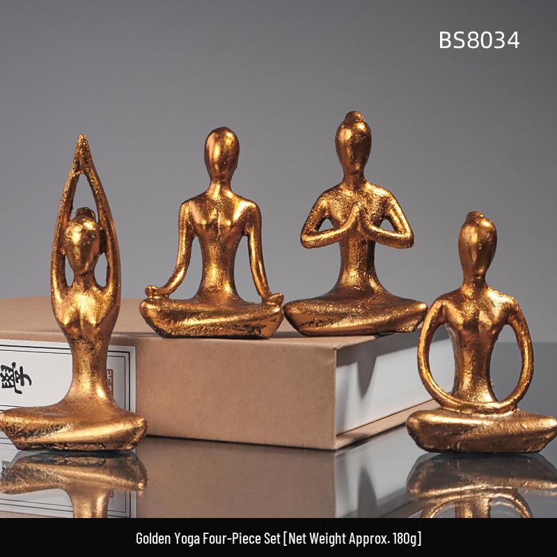 

Two-Tone Gold & Silver Retro Yoga Figurines: Four-Piece Decorative Set for Living Room, Study, Entryway, or Bedroom.