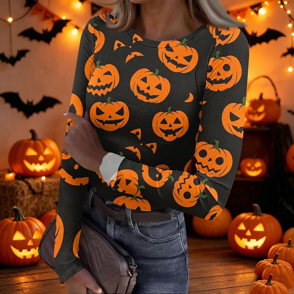 Women's Casual Long Sleeve Ribbed Halloween Print Top Crew Neck Stretchy Slim Fit Lightweight Shirt