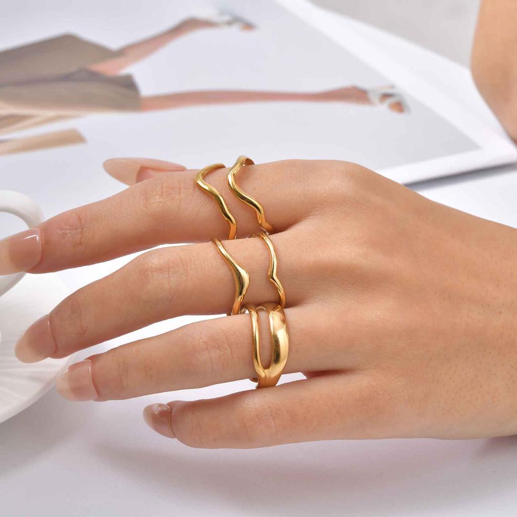 3pic Double-Layer Open Ring for Women Stainless Steel Set Wave Finger Rings Gold Plated Daily Jewelry Gift
