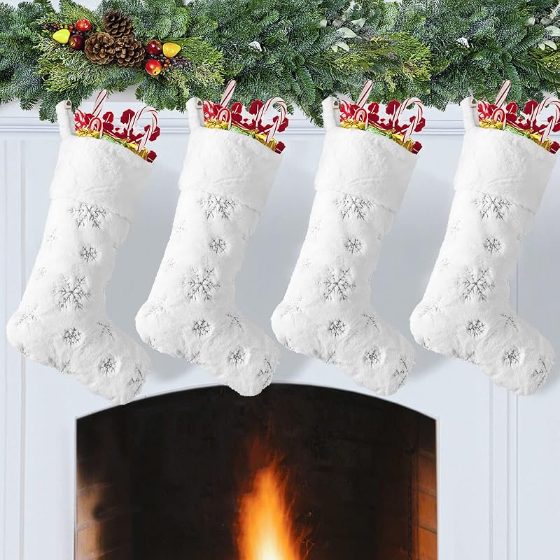 2PCS Plush Christmas Stockings White Faux Fur Large 56cm Deluxe Hanging Xmas Stockings with Silver Sequin Snowflake for Christmas Fireplace