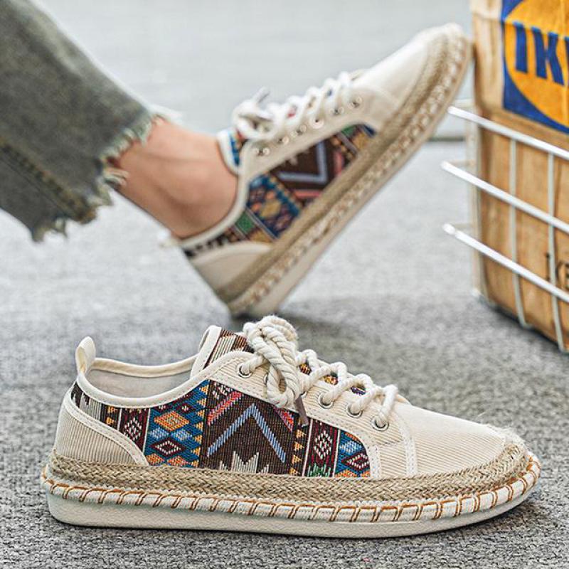 Ethnic Style Men's Canvas Shoes Sewing Casual Flat Shoes Man Breathable Fisherman Shoes for Men Espadrilles  Hombre