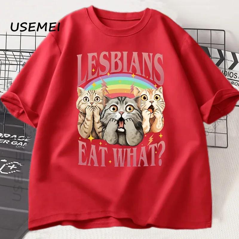Retro LGBT Eat What Cat Lesbian Pride Tshirt Funny Equal Rights Graphic Cat Tees Unisex Short Sleeve Cotton Tshirt Clothing