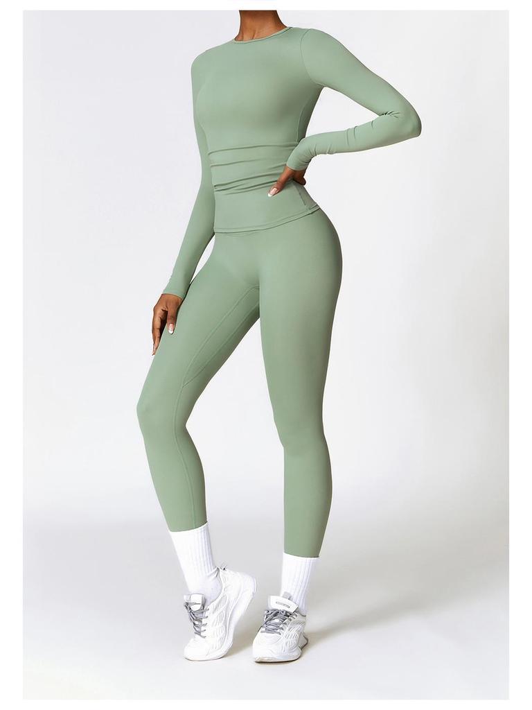 Damen Herbst/Winter Gebürstetes Langarm Yoga Set mit Elastischen Tights