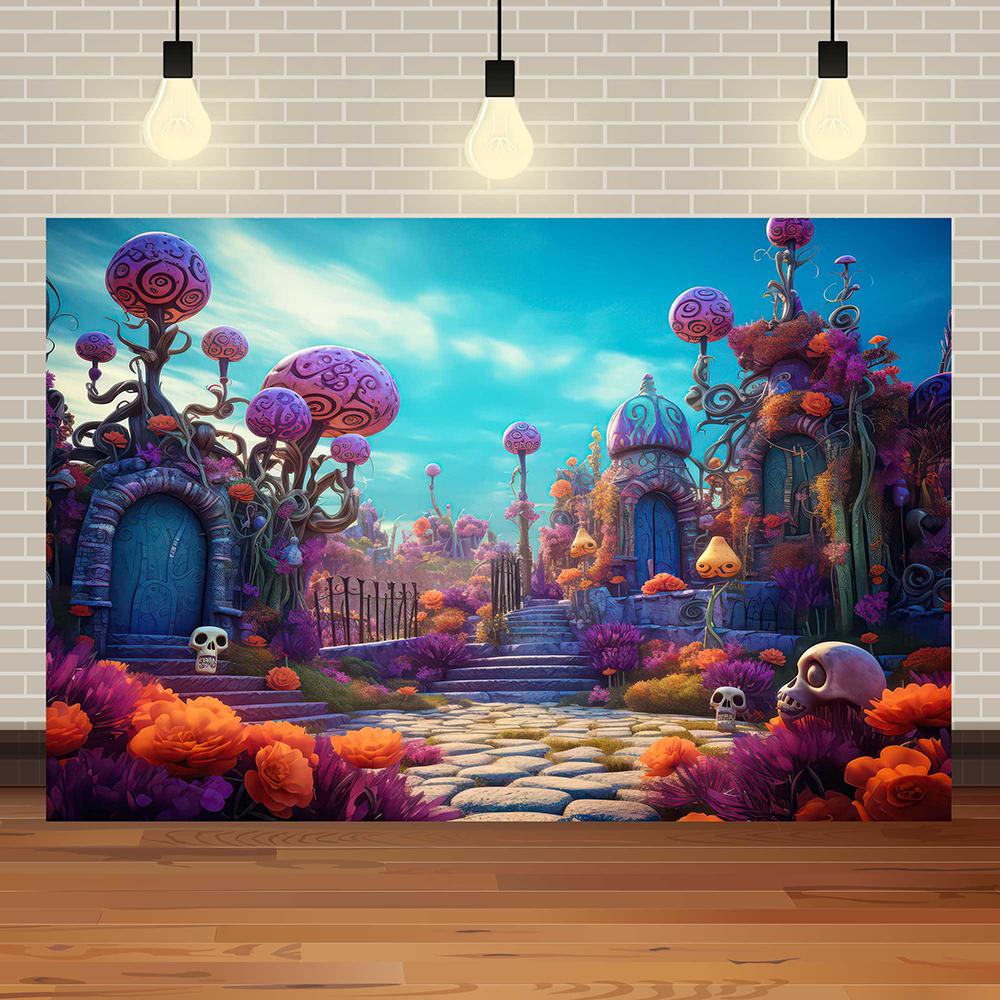 Halloween Eve Theme Skull Flowers Night Castle Moon Pumpkin Lights Skeleton Family Party Kids Photography Background Studio Prop387