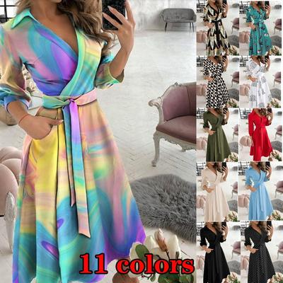 Women's Summer Fashion Long-sleeved Sexy V-neck Print Bag Hip Dress Waist Leisure Beach Long Skirt