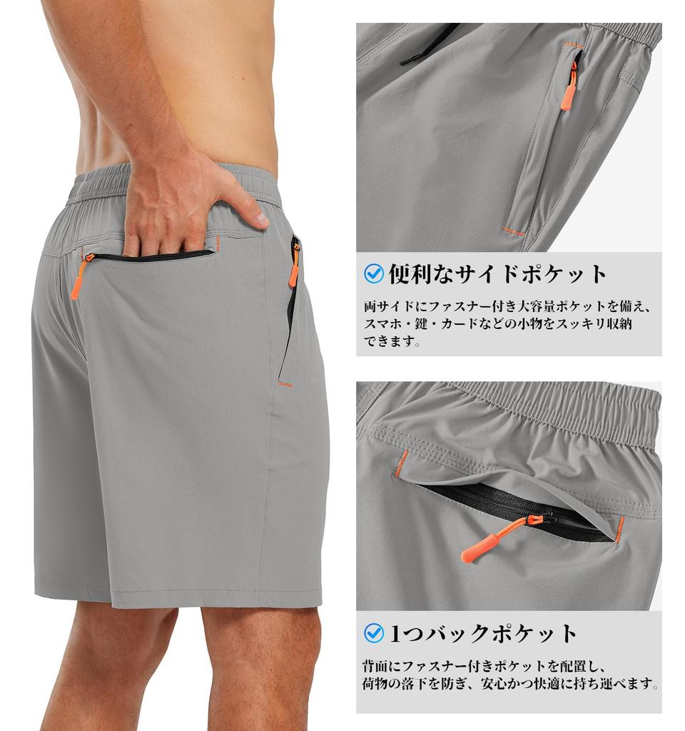 Gopune Men's Running Shorts, Quick-Dry Sweat-Wicking Sports Half Pants with Zipper Pockets, for Soccer Tennis Marathon Hiking (Light Gray, 2L)