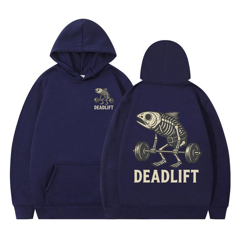 Fish Skeleton Deadlift Fish Bone Gym Workout Vintage Graphic Hoodie Men Women Winter Long-sleeved Fashionable Casual Sportswear