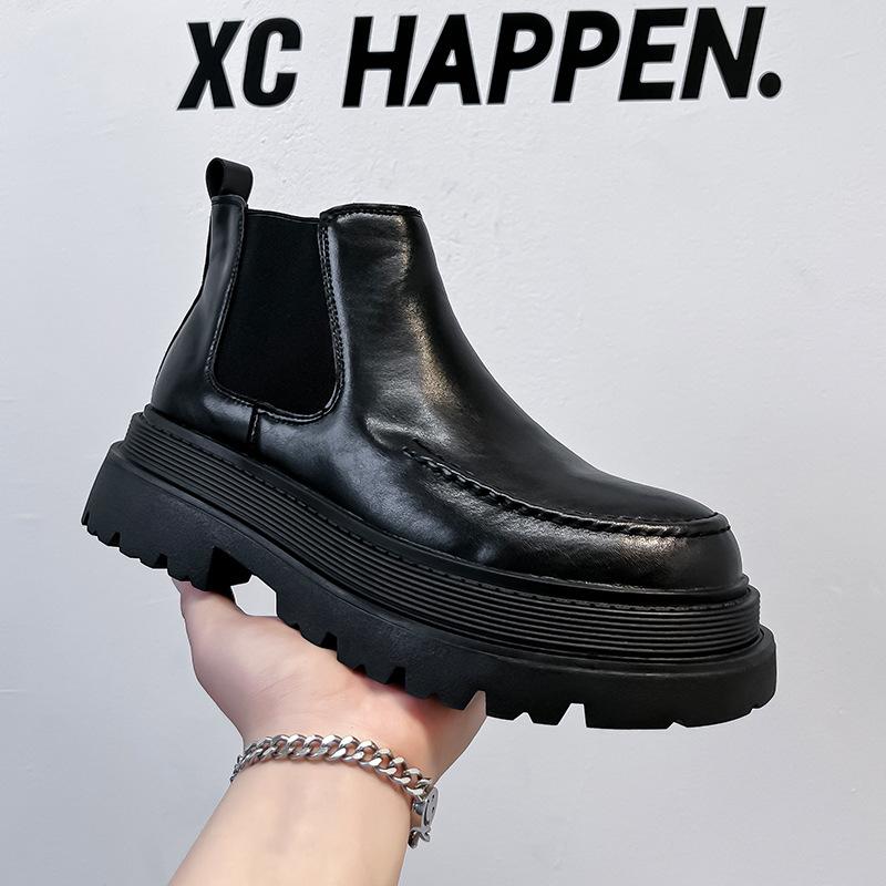 

Chelsea boots men s 2025 new medium-top thick-soled heightened one-pedal round-headed British men s short boots 1682-A 38 чёрный