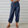 Summer Women's Fashion Solid Color Wide Leg Pants Cotton Hemp  Casual Trousers Oversized Elastic Waist Pocket Long Pants