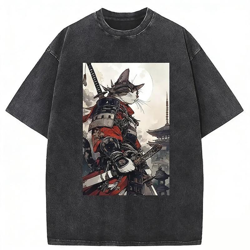 Men's Holiday Cotton T-shirts Casual Loose Short Sleeve O-neck Washed Acid Heavyweight Tees Samurai Cat Chic Tunics