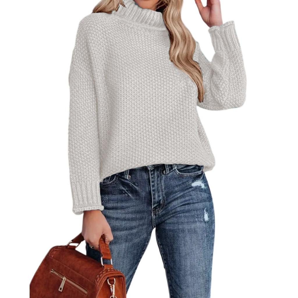 Fashionable Women's High-neck Knitted Sweater With Long Sleeves And Rolled Hem