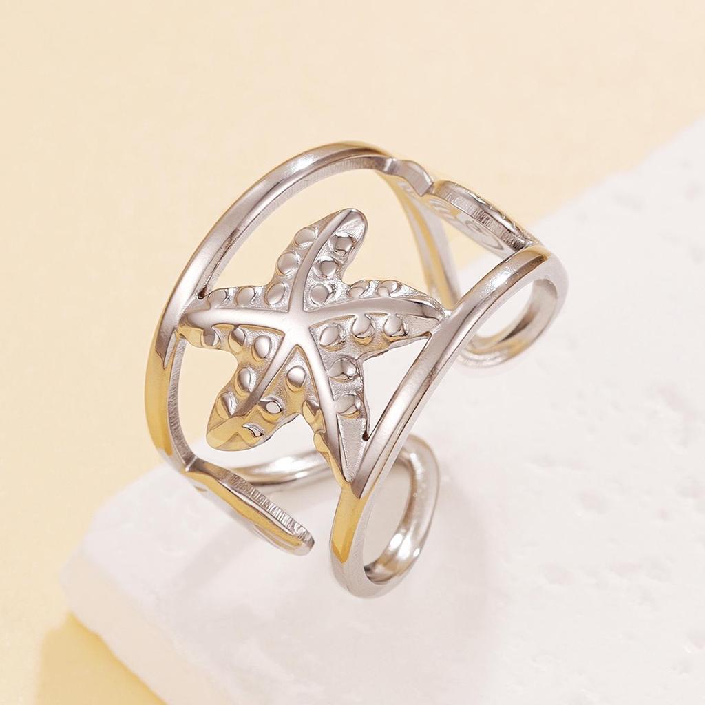 Fresh Ocean Resort Starfish & Shell Open Ring - Stainless Steel Jewelry for Women