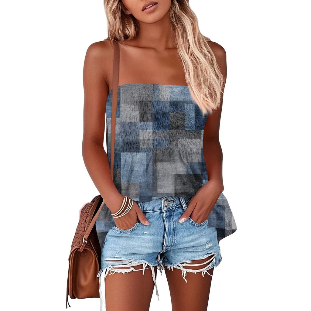 Modisches Sexyness Damen-T-Shirt-Top mit tiefem Rückenausschnitt, elastisch, Retro-Streifenmuster, trägerlos, figurbetont