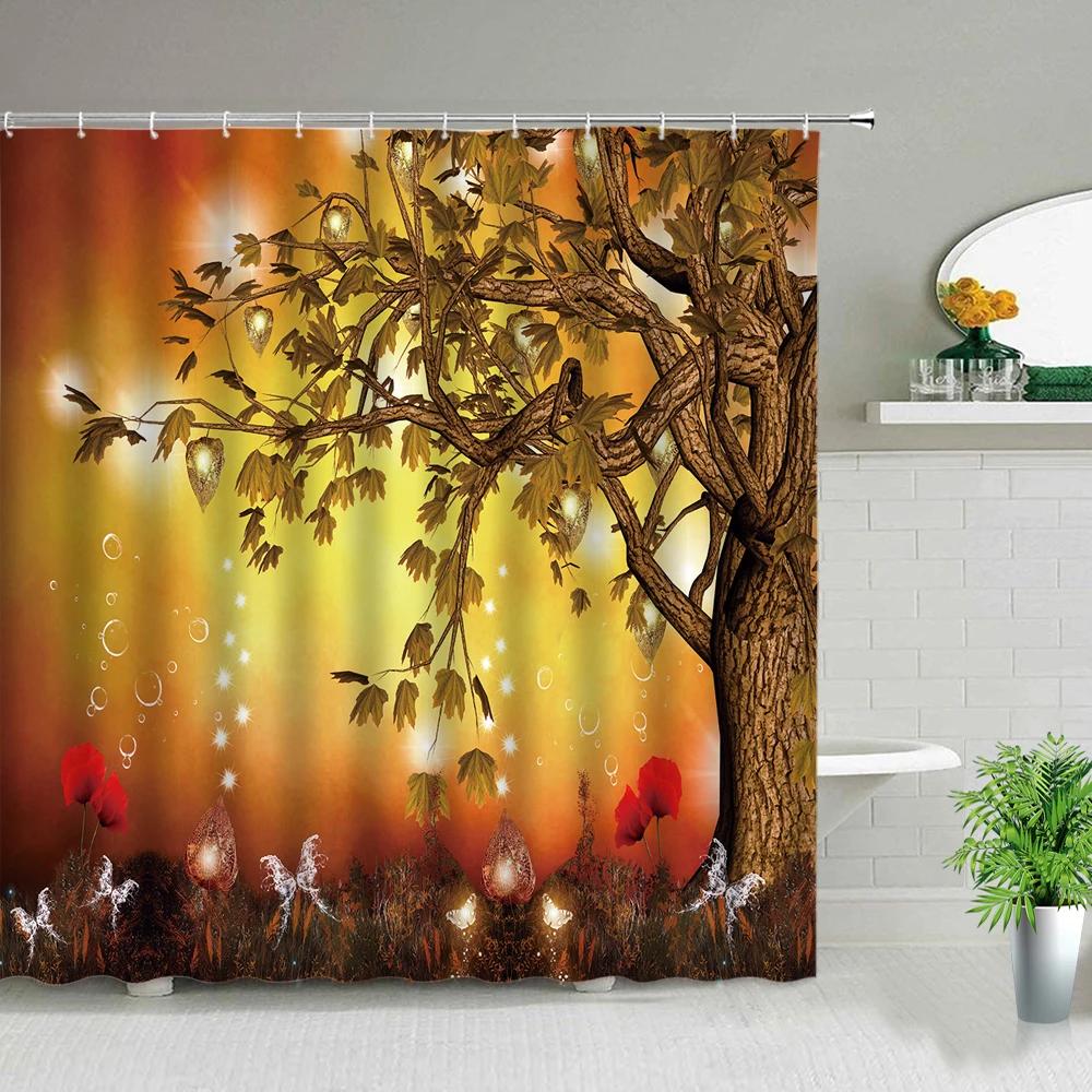 Beautiful Wing Elves Girl Shower Curtain Fantasy Enchanted Forest Bathroom Decor Deer Mushroom Flower Backdrop Hanging Curtains