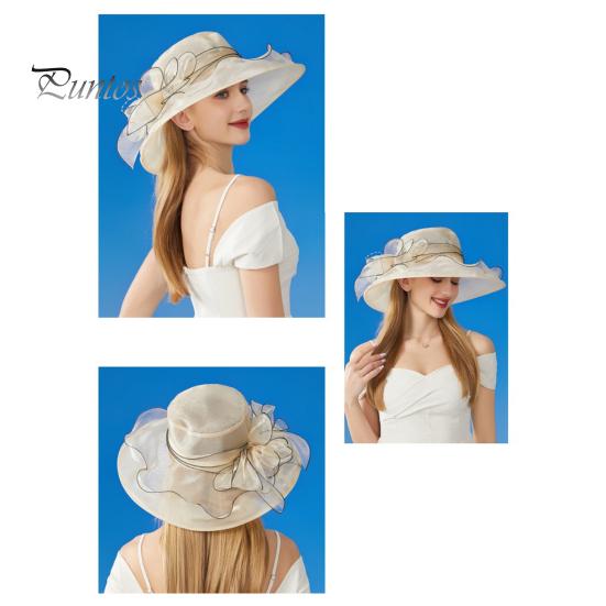 Chapeau de soleil à large bord en organza avec fleurs et plumes, protection UV, matériau translucide, pour femme