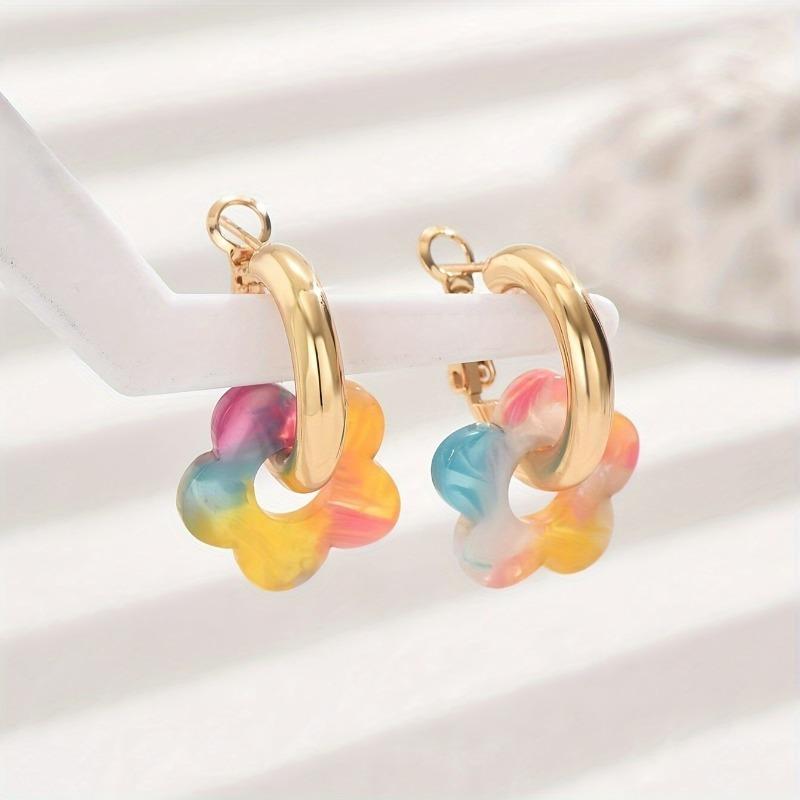 Trendy Metal Clip On Hoop Earrings Multi Colors Acrylic Flower Pendant Fashion Jewelry Spring Summer Earrings For Women