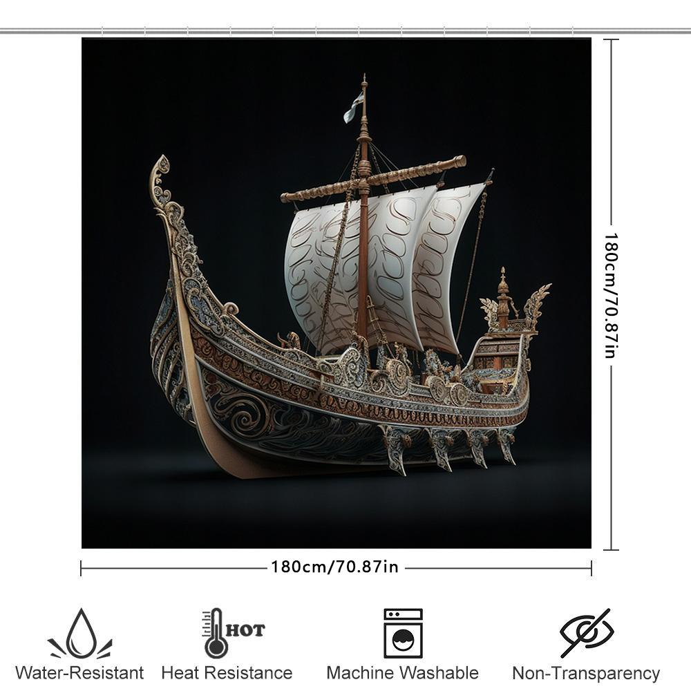 Viking Boat Shower Curtain Decorative Nautical Theme For Bathroom Black Background With White Sail Size 69X70 Inches Ships World