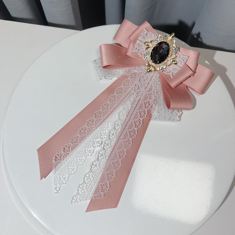 Korean Version Lolita Lace Bow Tie Women's Collar Flowers Ribbon Black Bowkont High-end Rhinestone Shirt Brooch Handmade Jewelry