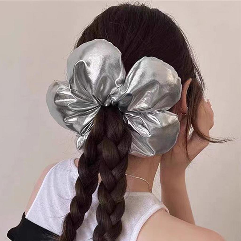 Koreanischer Übertriebener Übergroßer Silbriger Schwarzer Blume Scrunchie Kopfschmuck Frauen Mädchen Trendiges Design Elastisches Haarband Accessoires