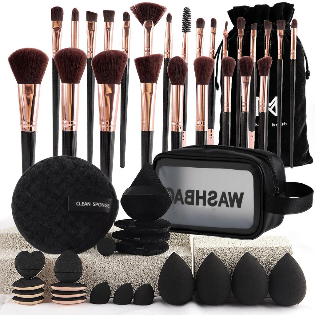 47-Piece Face Makeup Brush Set with Nylon Bristles Plastic Handle Travel-Friendly Bag & Puff-Cross Border
