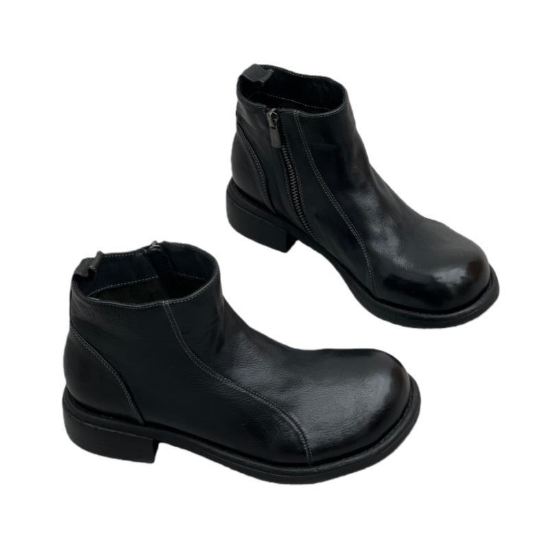 Stivaletti Singoli da Donna, Stivaletti Bassi a Punta Tonda con Zip Laterali, Scarpe da Donna