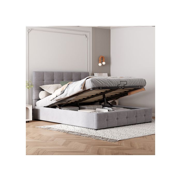 Double Bed 140x200 - MUVOE - Hydraulic Folding Storage - Velvet Fabric - Capacity 250 Kg
