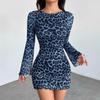 Sexy Leopard Print Round-neck Long-sleeved Dress, Elegant Tulle Short Skirt for Women