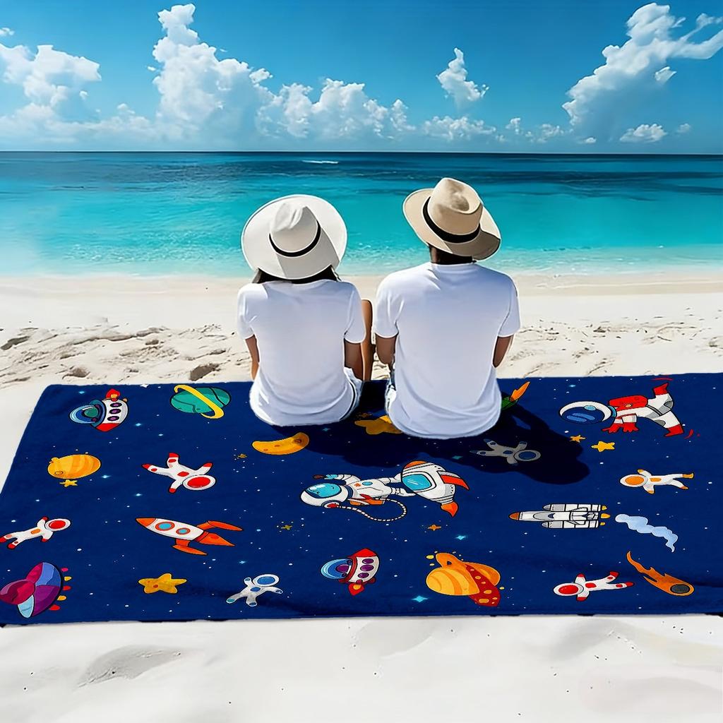 1pc Cartoon Space Theme Ultra-Soft Beach Towel | Astronaut, Rocket, Planet Print, Microfiber, Quick-Dry, Super Absorbent