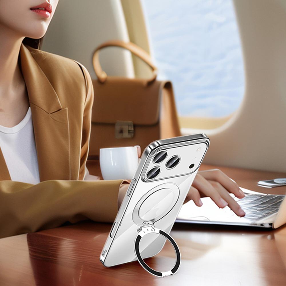 SULADA For iPhone 17 Pro Case Compatible with MagSafe Electroplated Foldable Kickstand Clear PC Phone Cover