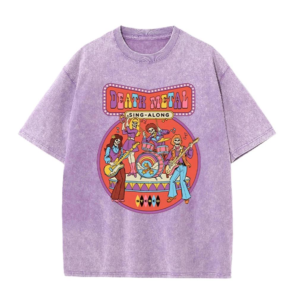 2026 Summer Women Death Metal Print Washed T Shirt Distressed Soft Loose Breathable Short Sleeve Punk Trend Casual Streetwear To