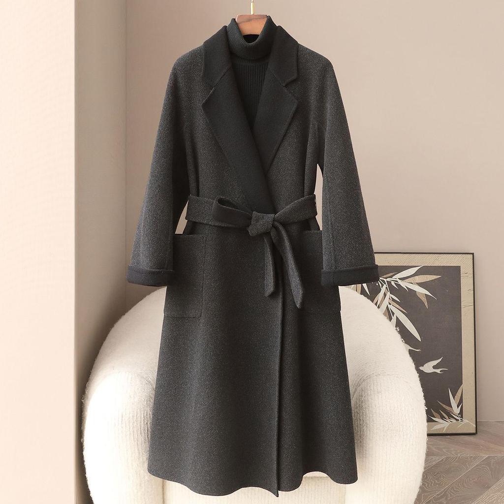 Women's Korean Style Slim-Fit Double-Sided Wool Coat, 30% Cashmere, Spring 2026