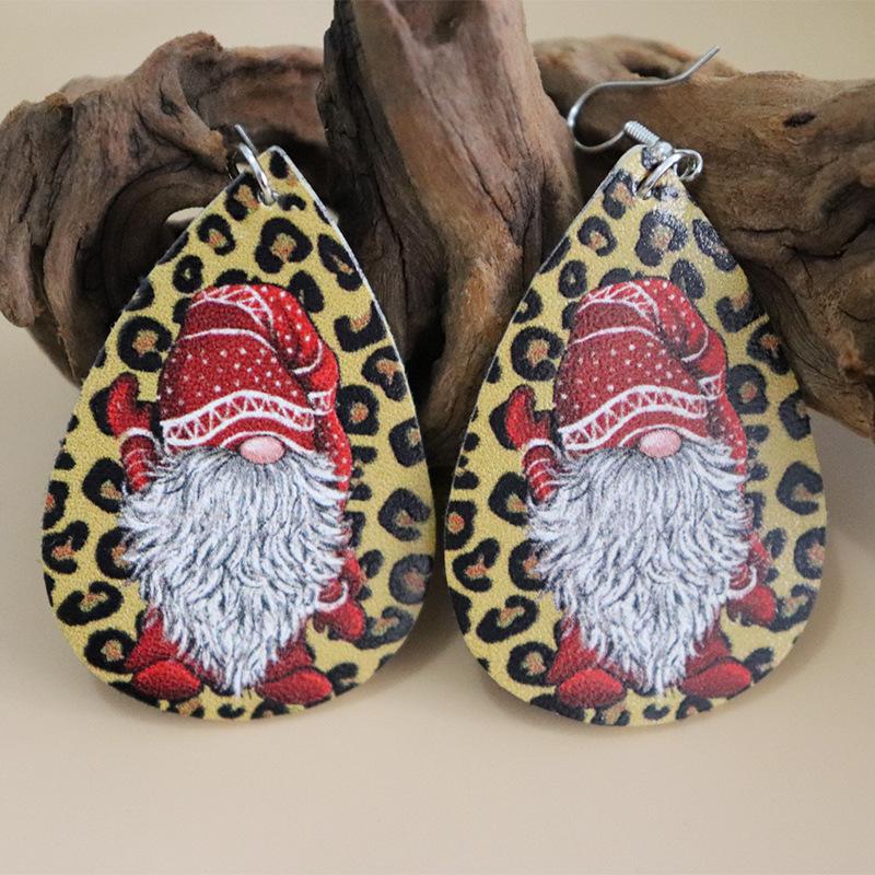 New European & American Christmas Series Santa Claus Leopard Print Double-Sided PU Leather Earrings