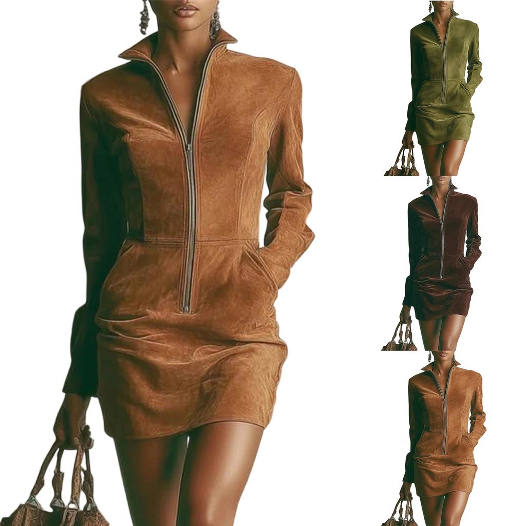Women's Color Suede Zipper Pocket Long Sleeved Stand Up Collar Dress