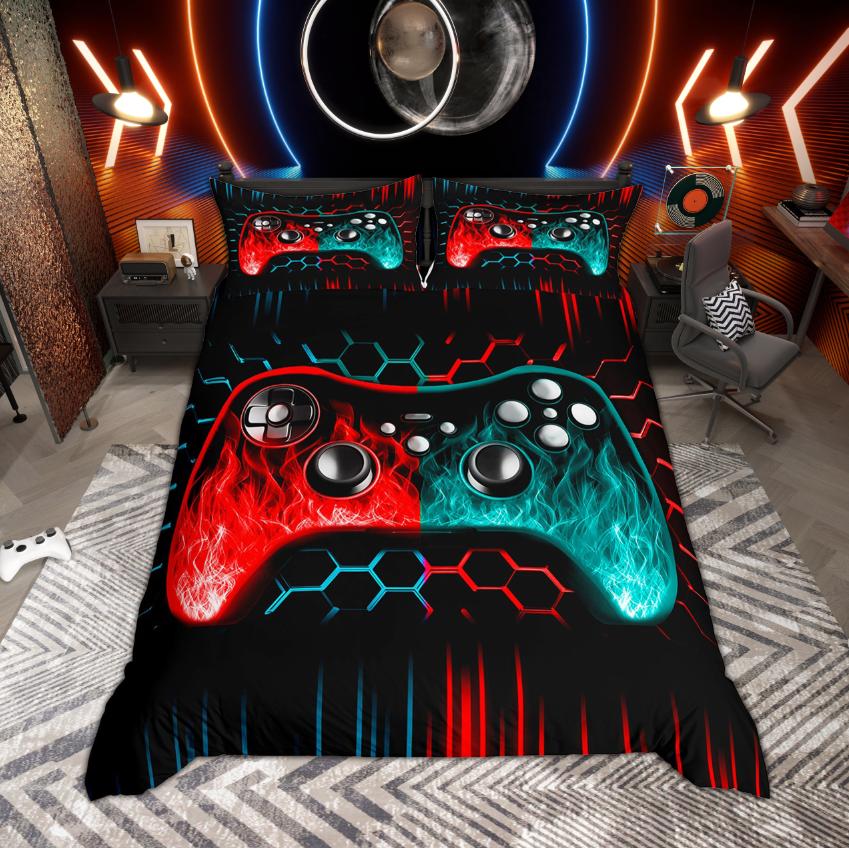 Homewish Pojkar Spelare Gaming Påslakan Set Neonlys Honungskaka Sängkläder Svart Vändbart Täckeöverdrag Set
