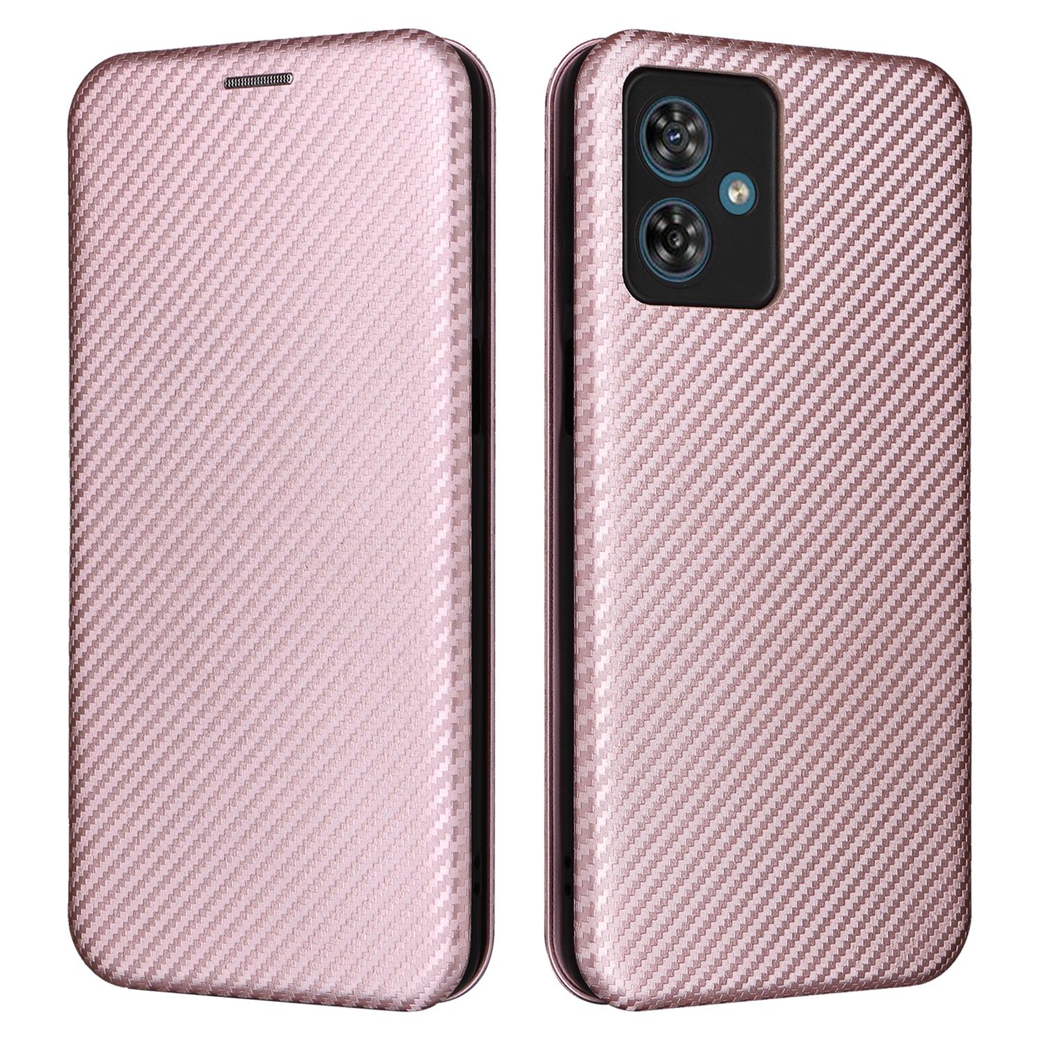 

For Motorola Moto G54 5G Case Card Holder Carbon Fiber Texture Anti-drop Leather Cover Rose Gold