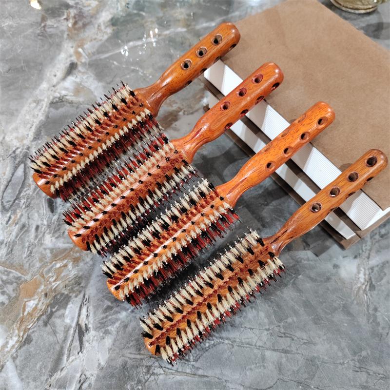 Hair Drying Styling Curly Barber Dye Rubber Wood Comb Boar Bristle Round Brush With Natural Wooden Handle