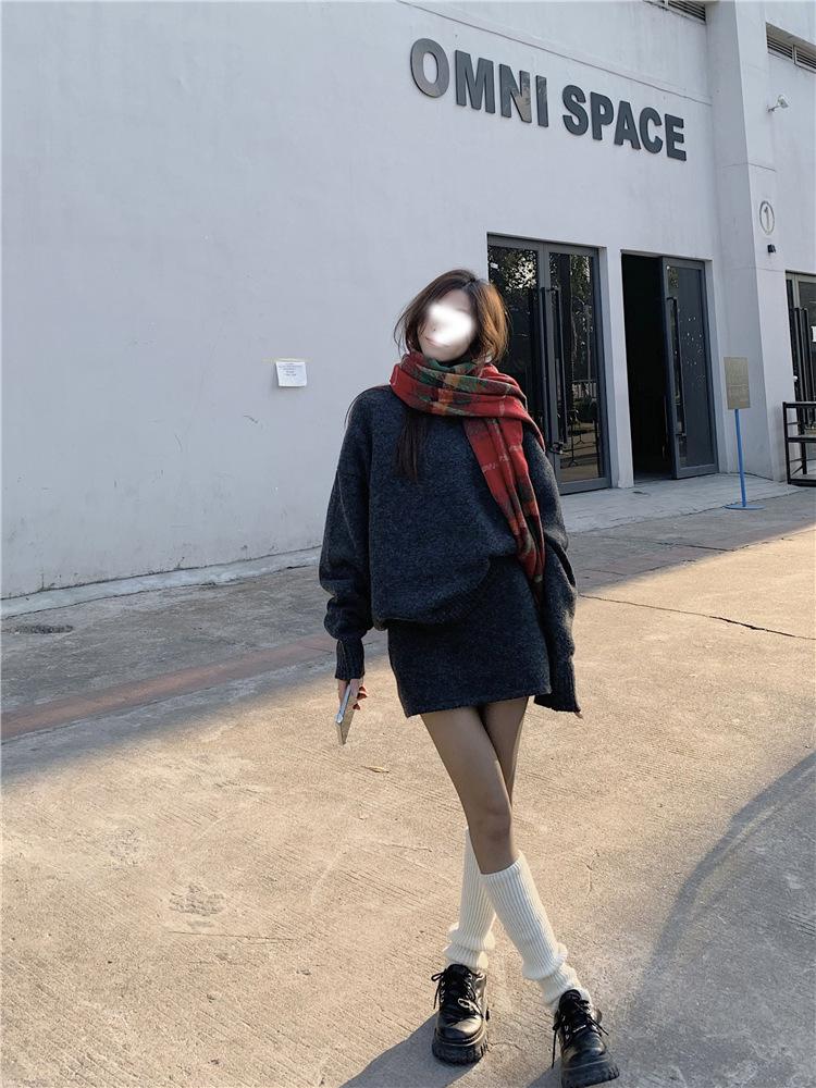 Cozy Gray Sweater & High Waist Midi Skirt Set - Soft Knit Pullover, Perfect for Autumn & Winter