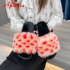 Aphixta 2025 Winter Home Cotton Shoes Women Faux Fur Soft Warm Indoor Colorful Slipper Flip Flops Mules Female Big Size 42 43