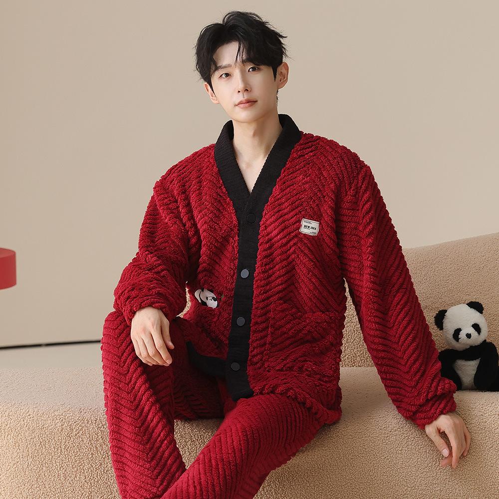 Couple Pajamas Winter Coral Fleece Wedding Thickened Wedding Festive Red Men's and Women's Flannel Loungewear