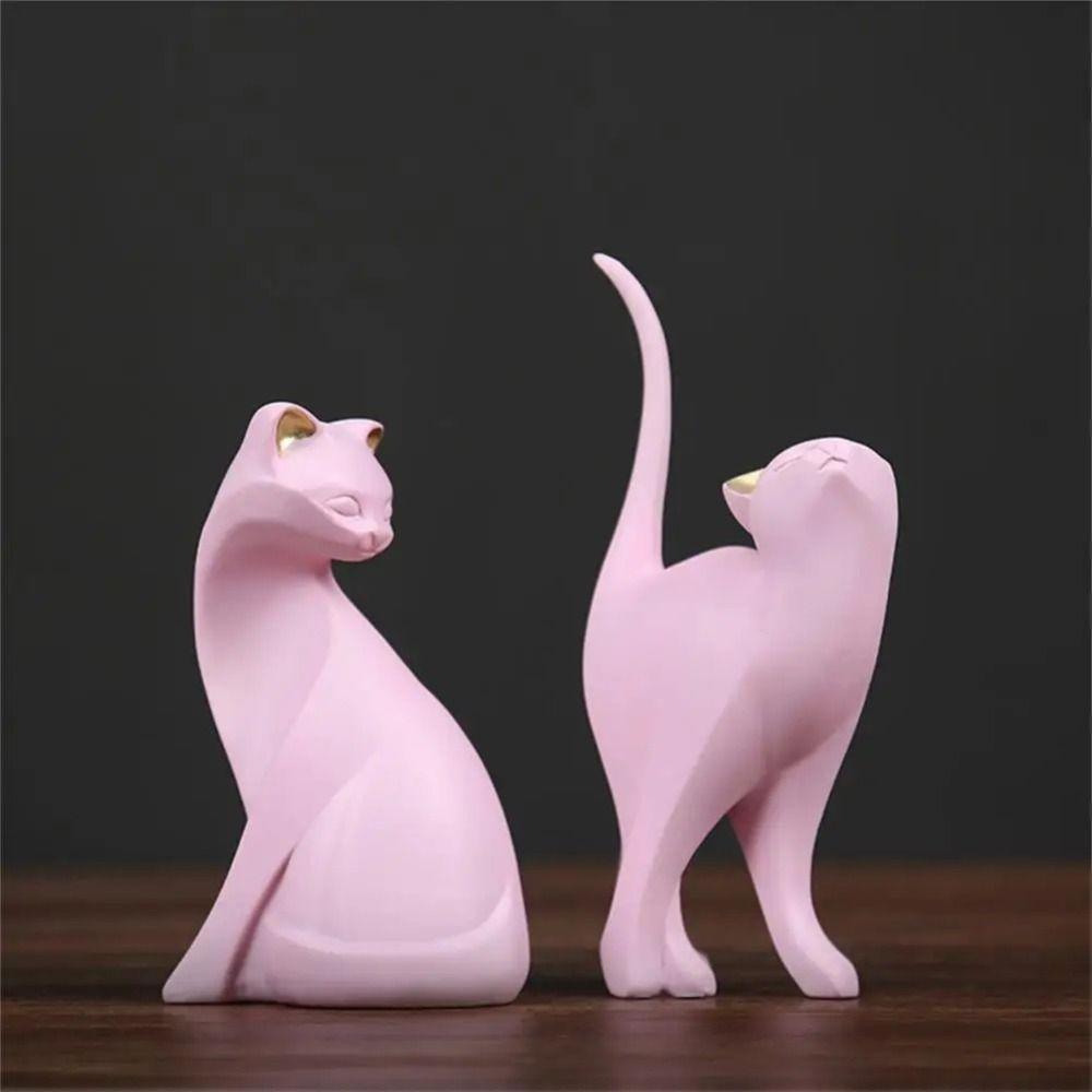 Resin Animal Figurine Artistic Cat Model Shelf Rack Decor Pink Cat Sculpture  Gift