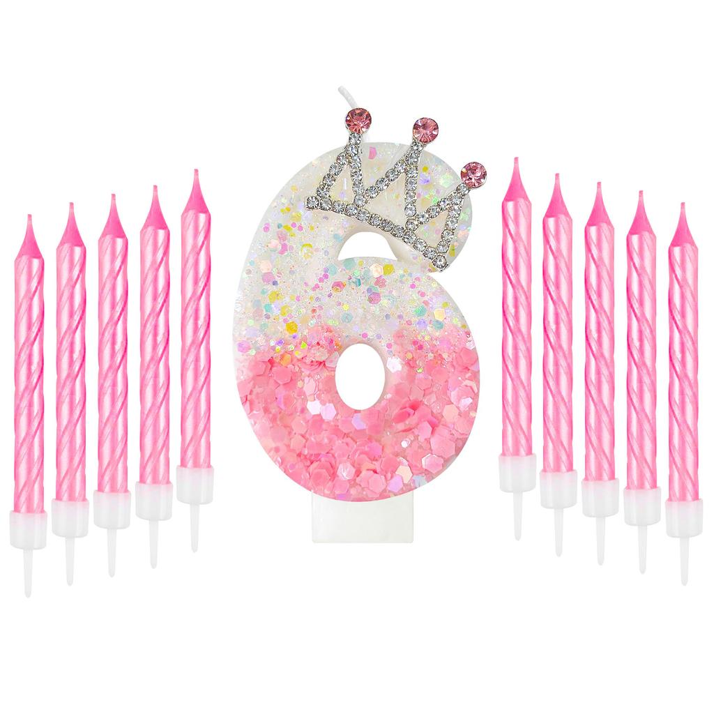 11pcs Gradient Pink and White Crown Number Candles, Number 0-9 Candles, Girl's Birthday Cake Decorations, Cupcake Decorations