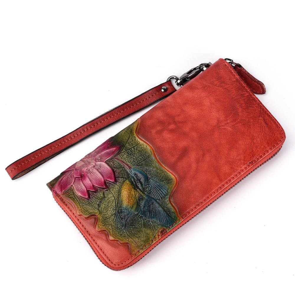 New Tree Cream Leather Wallet, Women's Embossed Long Zipper Wallet, Women's Retro Cowhide Wallet, European and American Handbag