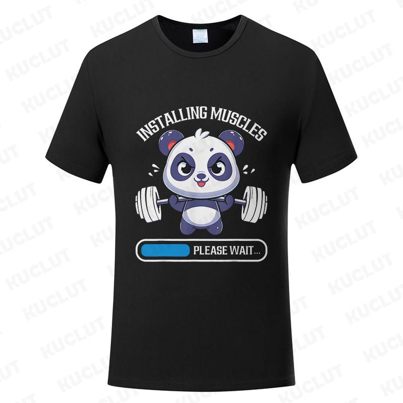 Funny Panda Gym Print T-Shirt Summer Tees for Men Women O-neck Casual Short Sleeve Weightlifting Installing Muscles Fashion Tops