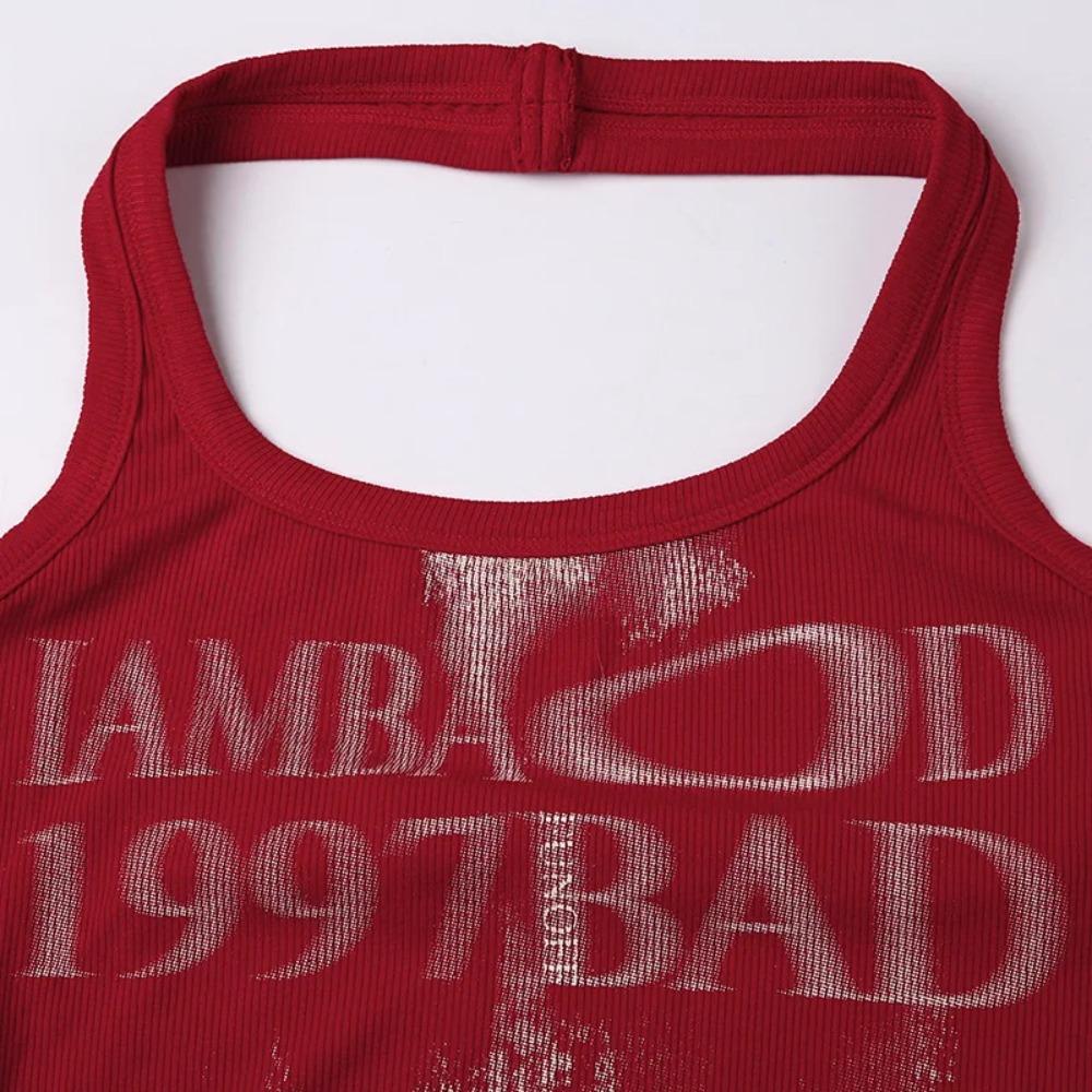 Retro Monogrammed Choker Vest Polyester Hanging Neck High Street Crop Tops Knit Tank Top Open Back Sexy Backless Red Top Women