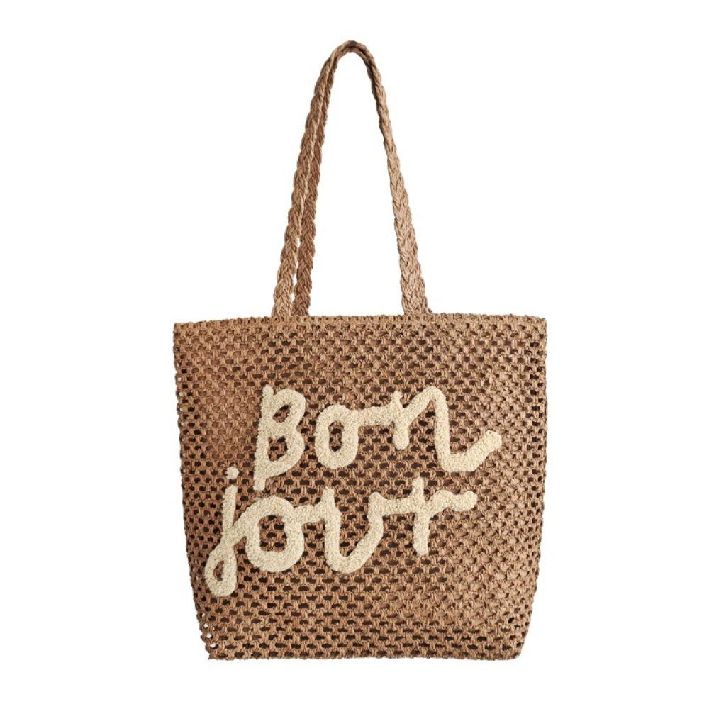 

Solid Color Beach Shoulder Bag Large Capacity Straw Handbag Fashion Weave Tote Bag Summer хаки/белый