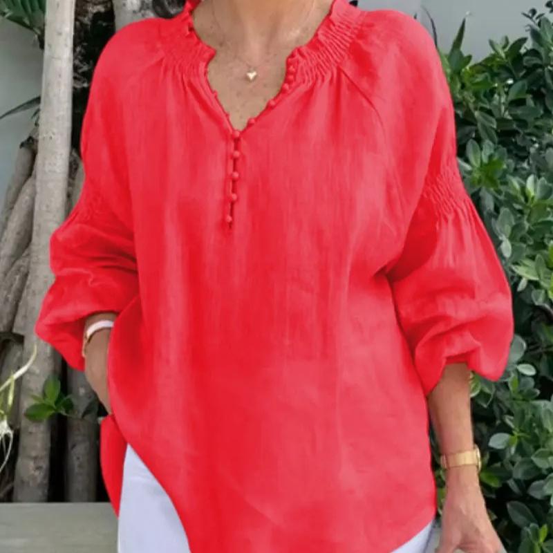 

Fashion Cotton Linen Solid Loose Shirts Women Summer Casual Long Sleeve V Neck Button Blouses and Tops Daily Elegant Top Female XS красный