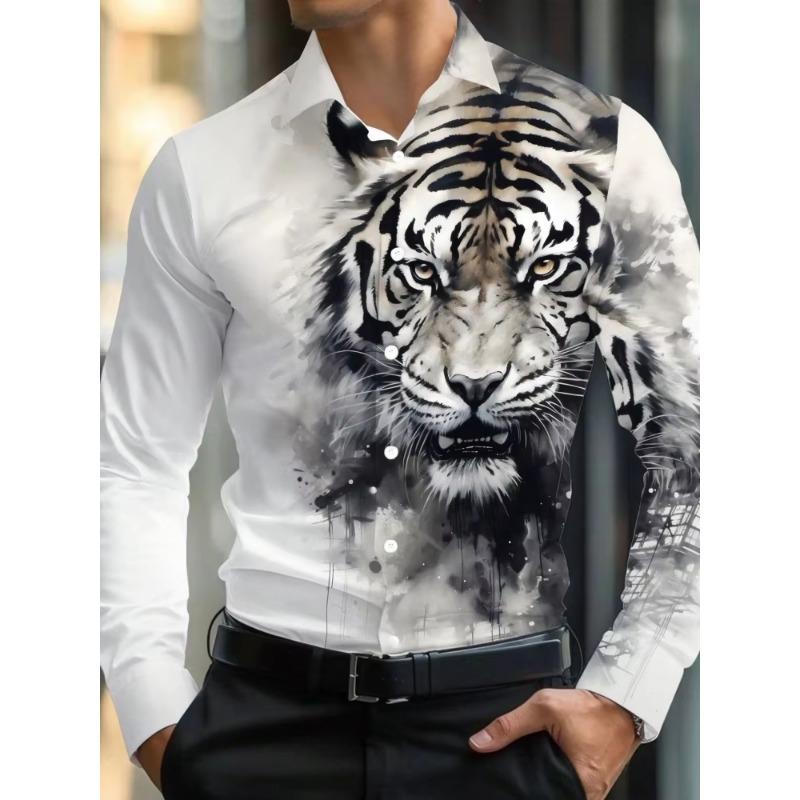 Men's long sleeved shirt with printed collar button up cardigan shirt, new fashionable men's top, trendy street daily wear